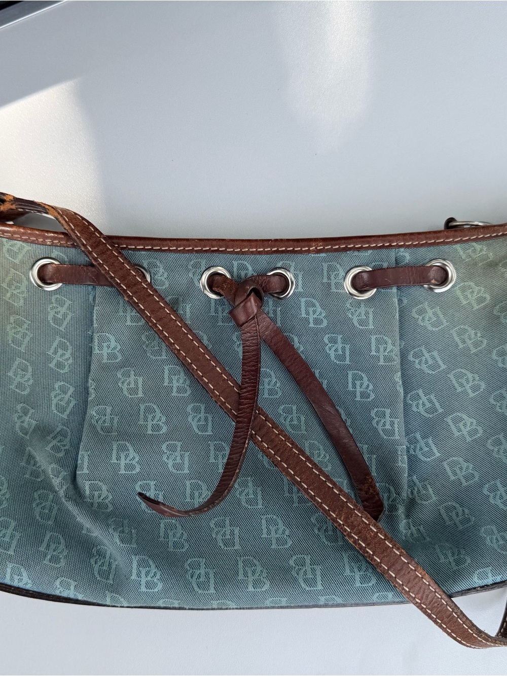 Vintage Blue Monogram Dooney & Bourke Shoulder Bag with Brown Trim - Picture 2 of 4